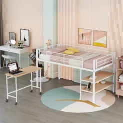Twin Size Metal Loft Bed With Desk And Shelves - ModernLuxe