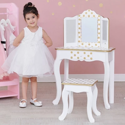Fashion Polka Dot Gisele Play Vanity Set With Led Mirror White/Gold - Teamson Kids - Image 10
