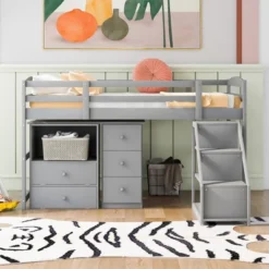 Twin Size Loft Bed With Multifunctional Movable Built-in Desk And Staircase-ModernLuxe