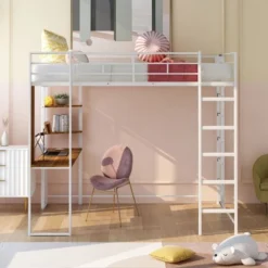 Full Size Metal Loft Bed With 2 Shelves And One Desk - ModernLuxe