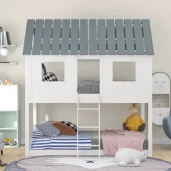 Twin Over Twin Low Bunk Beds With House Shaped Roof And Guardrail, White-ModernLuxe