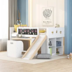 Wood Loft Bed With Slide, Cabinets, Blackboard, Desk And Chair-ModernLuxe