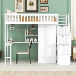 Twin Size Loft Bed With Shelf, Drawers, Desk And Wardrobe - ModernLuxe