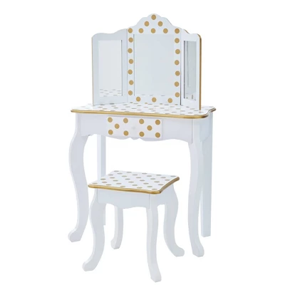 Fashion Polka Dot Gisele Play Vanity Set With Led Mirror White/Gold - Teamson Kids